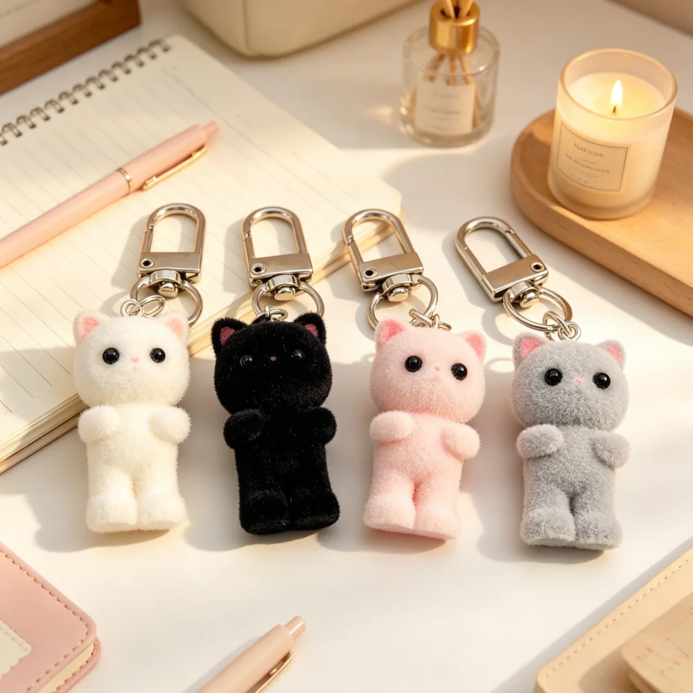 

4 Pcs Animal Cat Keychain Cute 3D Flocking Love Phone Pendant Headphone Case Charm Car Bag Purse Doll for Girl Key Ring Gift