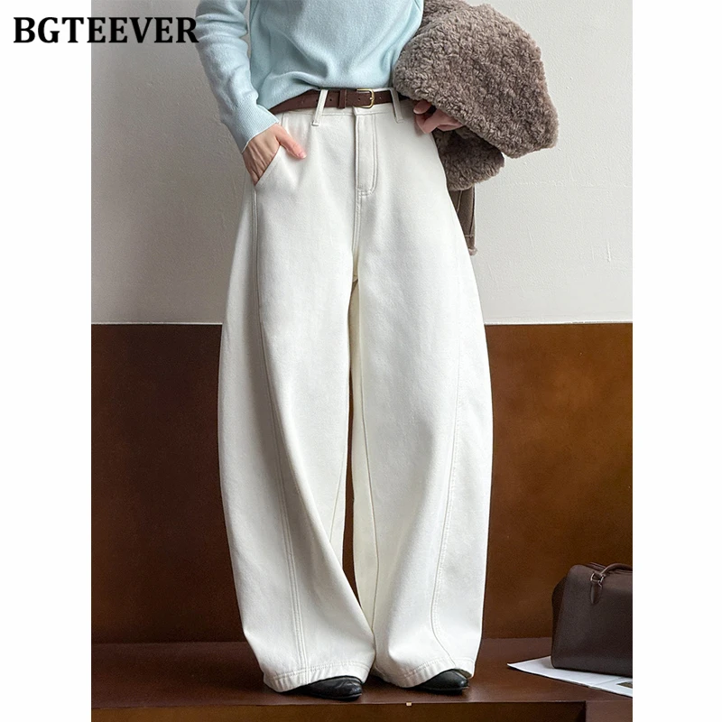 BGTEEVER Casual Thicken Velvet Warm Loose Straight Jeans Trouser for Women Winter High Waist Pockets Female Wide Leg Denim Pants