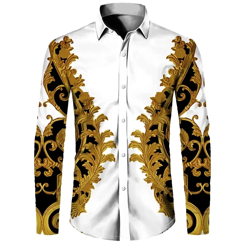 Luxury gold flower chain 3D printed men\'s long sleeved shirt with lapel and button down shirt, casual men\'s designer clothing, s