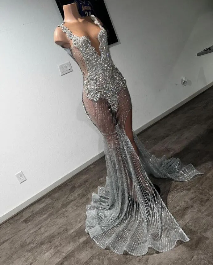 Silver Diamond See Through Mermaid Prom Dress for Women Sparkly Crystal Black Girl Birthday Evening Engagement Gown 2024