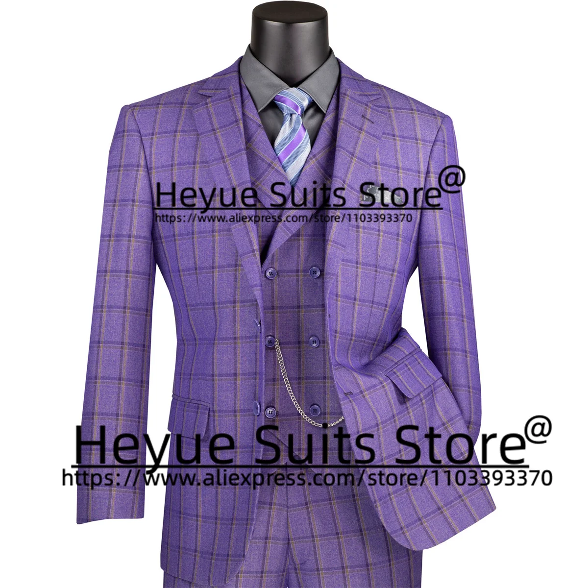 Business Sky Blue Plaid Formal Suits For Men Slim Fit Groom Wedding Tuxedos 2 Pieces Sets Office Work Male Blazer Costume Homme