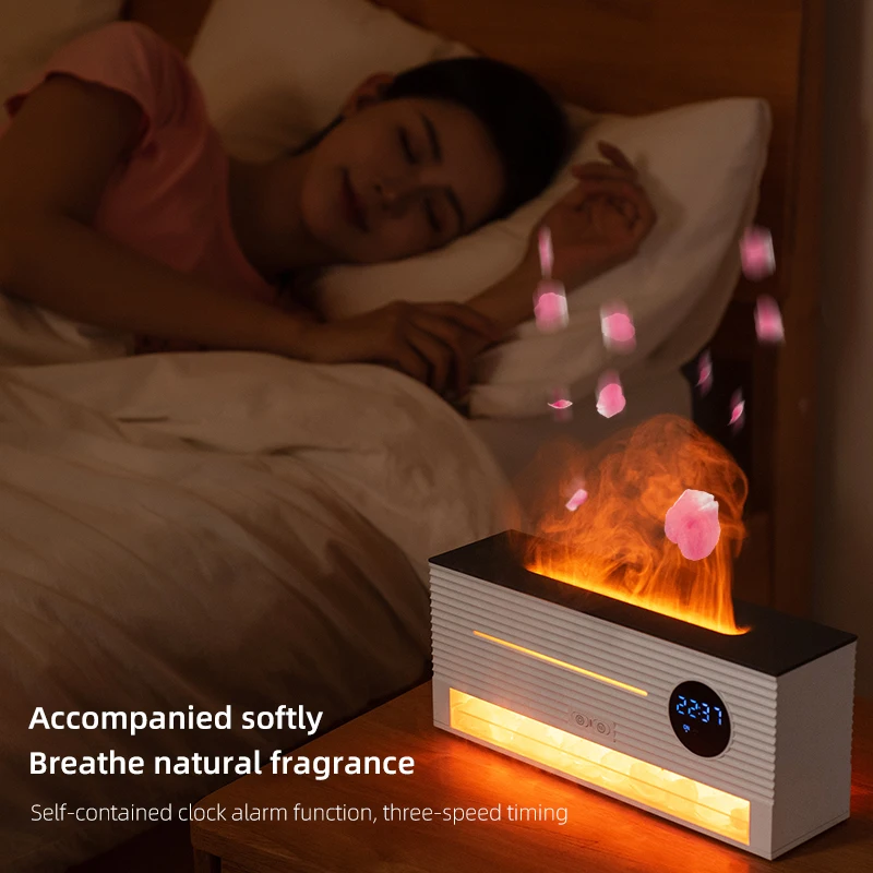 Rock Simulated Flame Fragrance Diffuser Air Humidifier Clock Alarm Aromatherapy Humidifiers Diffusers With Remote Control Home