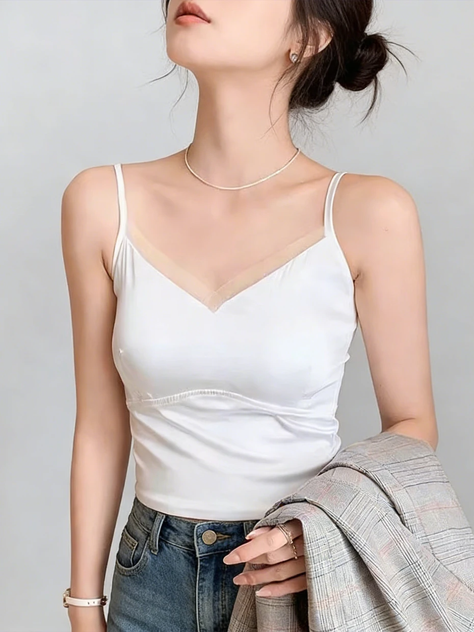 Women's Strap Vest Integrated Acetate Base Layer High Elasticity V-neck Daily Wear Fashion Top with Chest Pad Beautiful Back