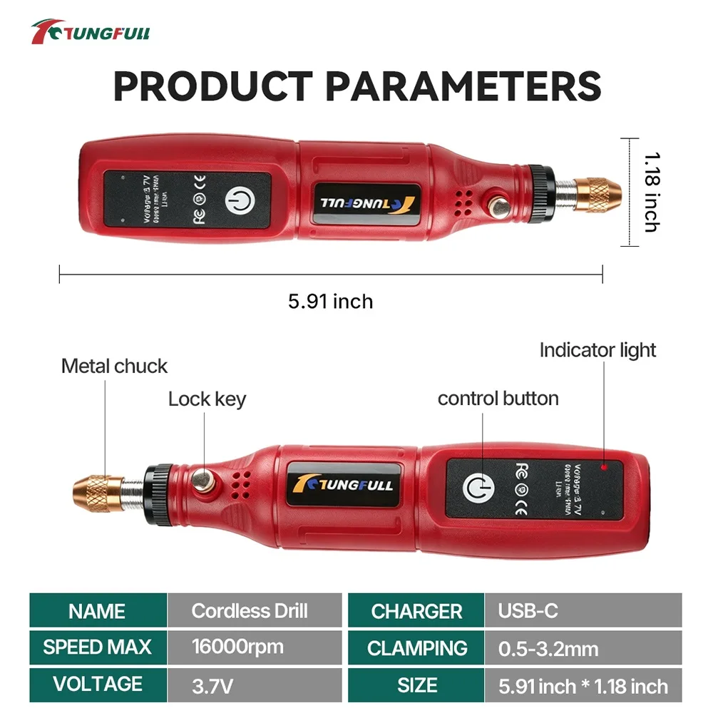 TUNGFULL 3.7V Portable Cordless Rotary Tool Single Speed Mini Grinding Engraving Pen DIY Jewelry Metal Polishing Tool