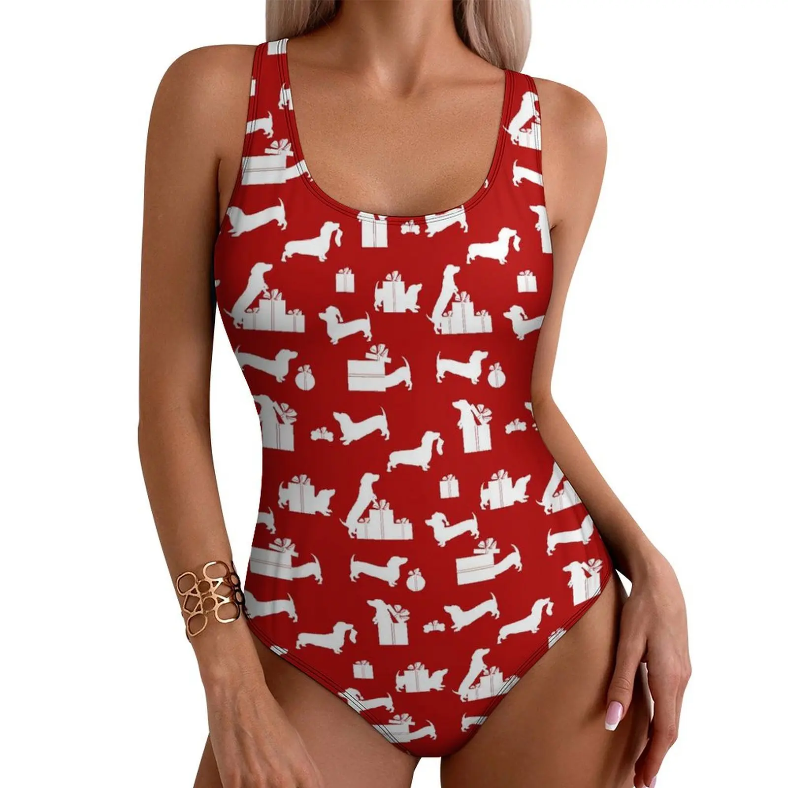 Dachshund Print Swimsuit Christmas Swimwear One-Piece Holiday Pool Swimsuits High Cut Bathing Suits Woman Push Up Sexy Beachwear