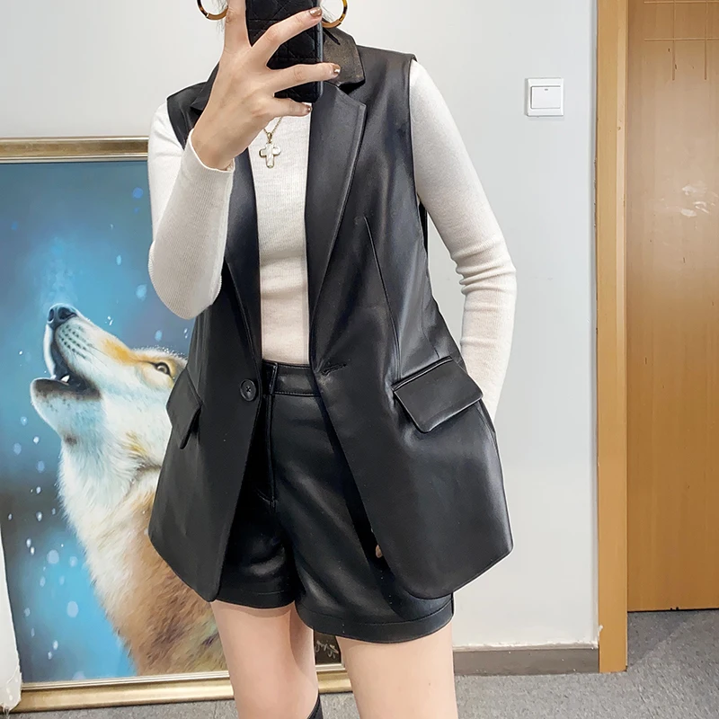 Leather Top Women 100% Sheepskin Sleeveless Jacket Feminino Casual Suit Collar One Button Slip Pocket Vest Lazy Chalecos Mujer