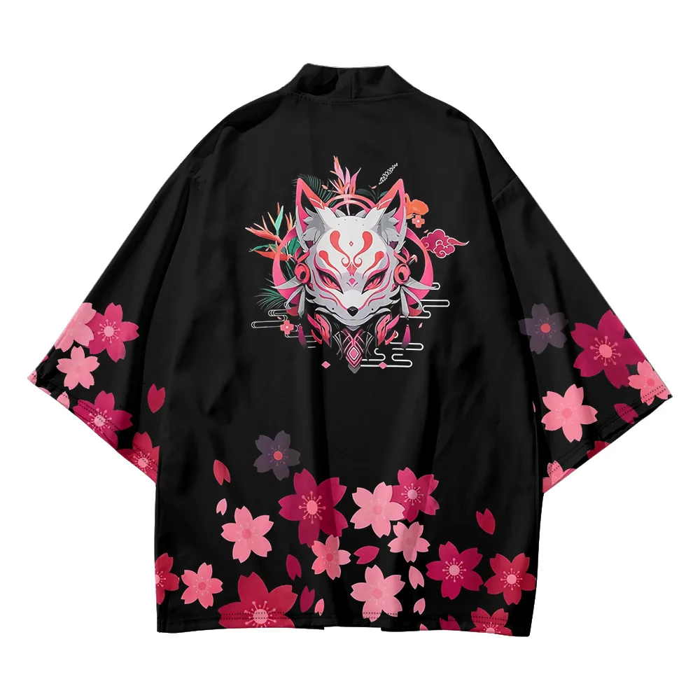 سترة هاوري كيمونو اليابانية للسيدات، قناع ثعلب مطبوع عليه زهور، هدية، ملابس خارجية تقليدية، غطاء فضفاض غير رسمي