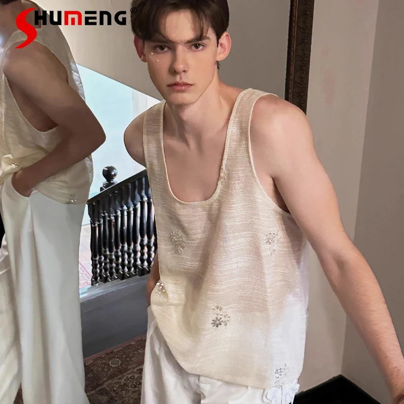 

Men's 2025 Summer New Sleeveless Vests Men's Mesh Gauze Micro-transparent Design High-end Loose Comfort Vest Handsome Chic Tops