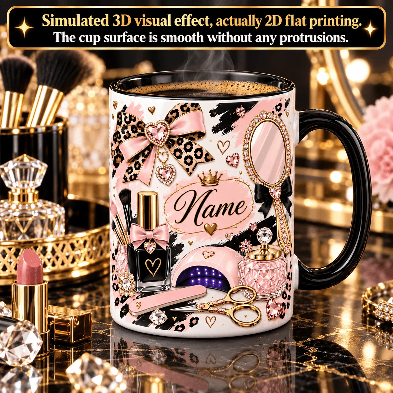 2D Flat Printing 1pc 11oz Personalized Name Leopard Nail Art Mug, Birthday Holiday, Nail Studio, Bestie, Hand Wash Only