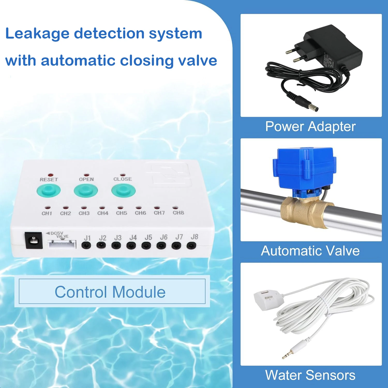 WLD-808 de capteur de fuite d'eau avec 2pcs 1/2 "3/4" 1 "vannes intelligentes en laiton et capteurs d'eau 4pcs Protection contre le débordement