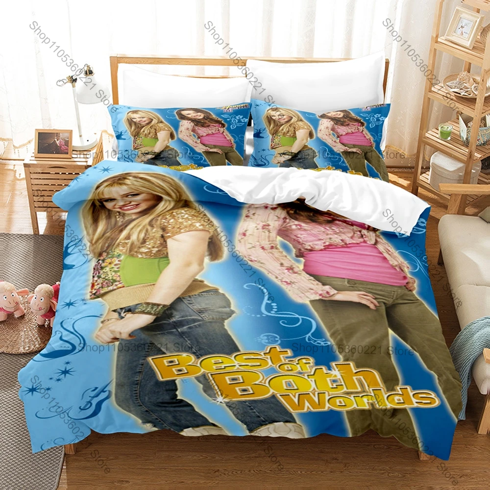 Cool Hannah Montana Wig Microphone Stage Sparkle Pink Purple Teen Girl Pop Duvet Cover + 2 Pillowcases Kawaii Fan Bed Linen