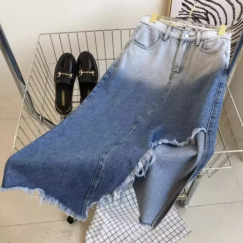 Women Blue Mid-length Skirt Vintage Long Skirt Harajuku Korean Style Y2k High Waist Asymmetrical Skirt 2000s Spring Summer 2026