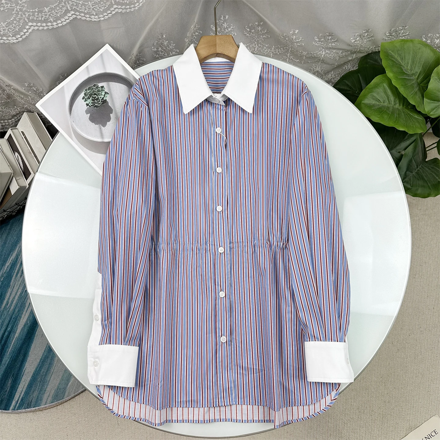 

Wood Giant 1400 Drawstring Color Block Embroidery Shirt Stand Collar Women's Spring 2026 New Style Cotton Polyester Blend