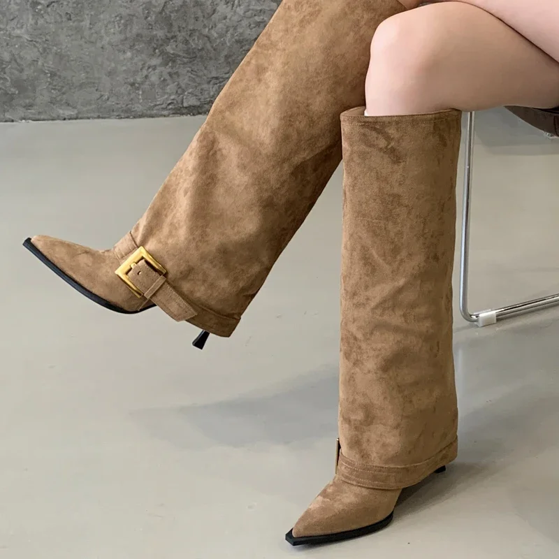 Aneikeh الشتاء تصميم الربط مربع مشبك حذاء برقبة للركبة النساء أشار تو متجرد أحذية مثير رقيقة الكعوب Largas De Mujer