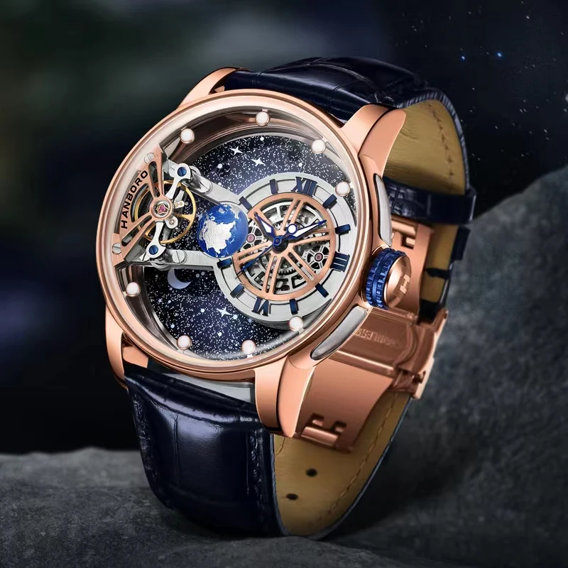 

HANBORO New Fashion Trendy Men's Mechanical WristWatch luminous Large dial Leather strap Business Elegant Man Mechanical Watches