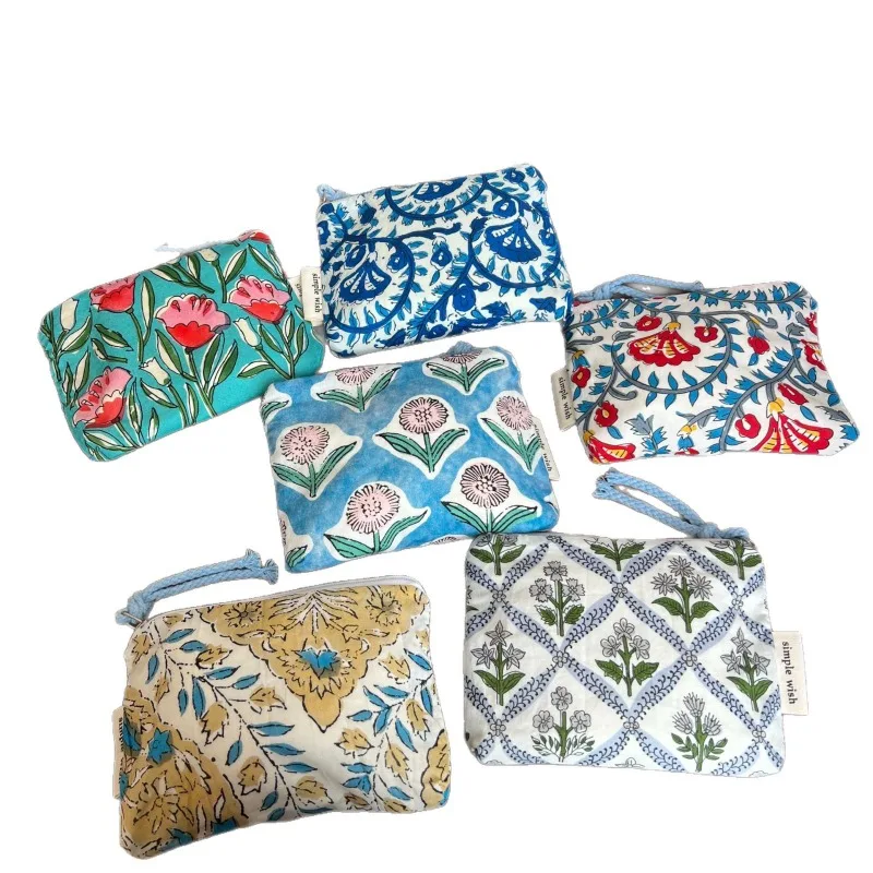 Printed Cotton Mini Coin Purse, Portable Small Storage Pouch for Earphones Lipsticks and Tiny Accessories