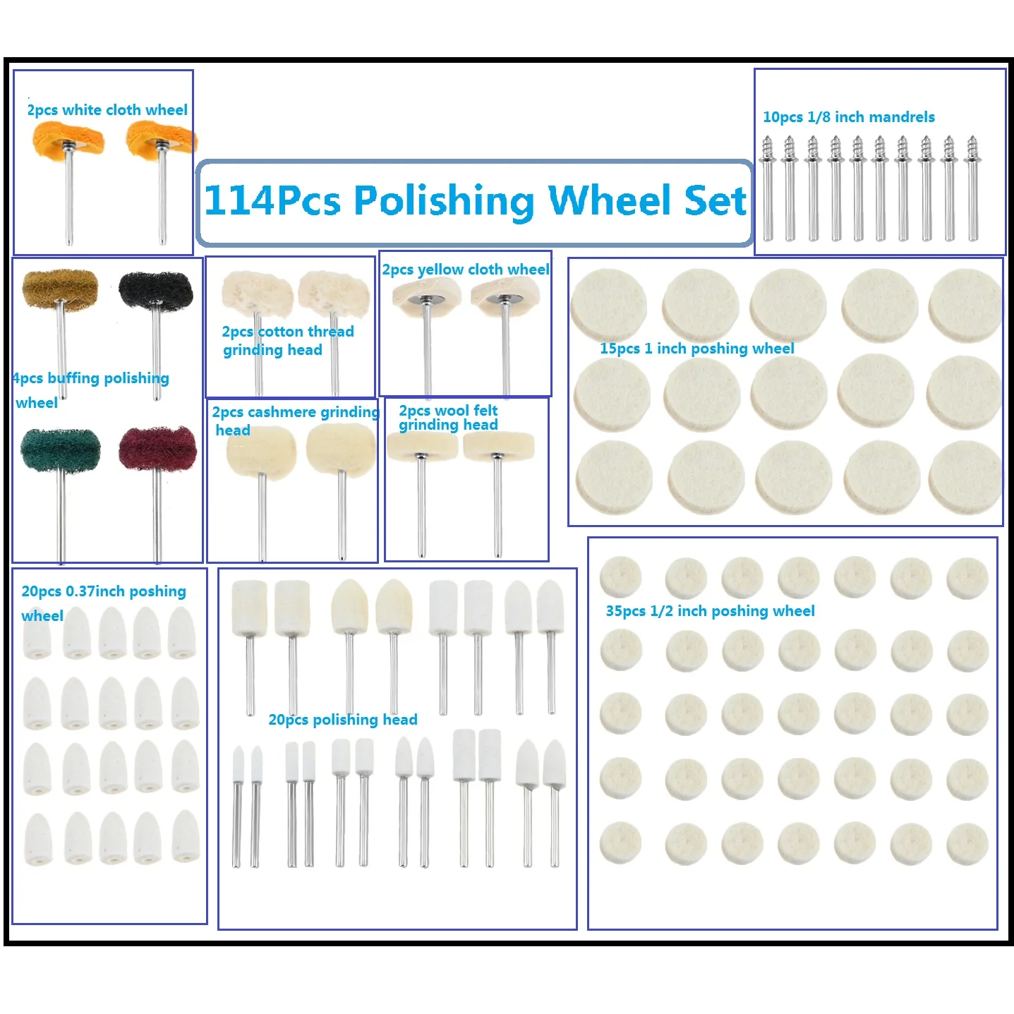 

114 шт., шерстяные абразивные полировальные круги, набор полировальных насадок, хвостовик 1/8 дюйма, вращающийся инструмент, набор шлифовальных кругов для металла, дерева, ювелирных изделий, латуни