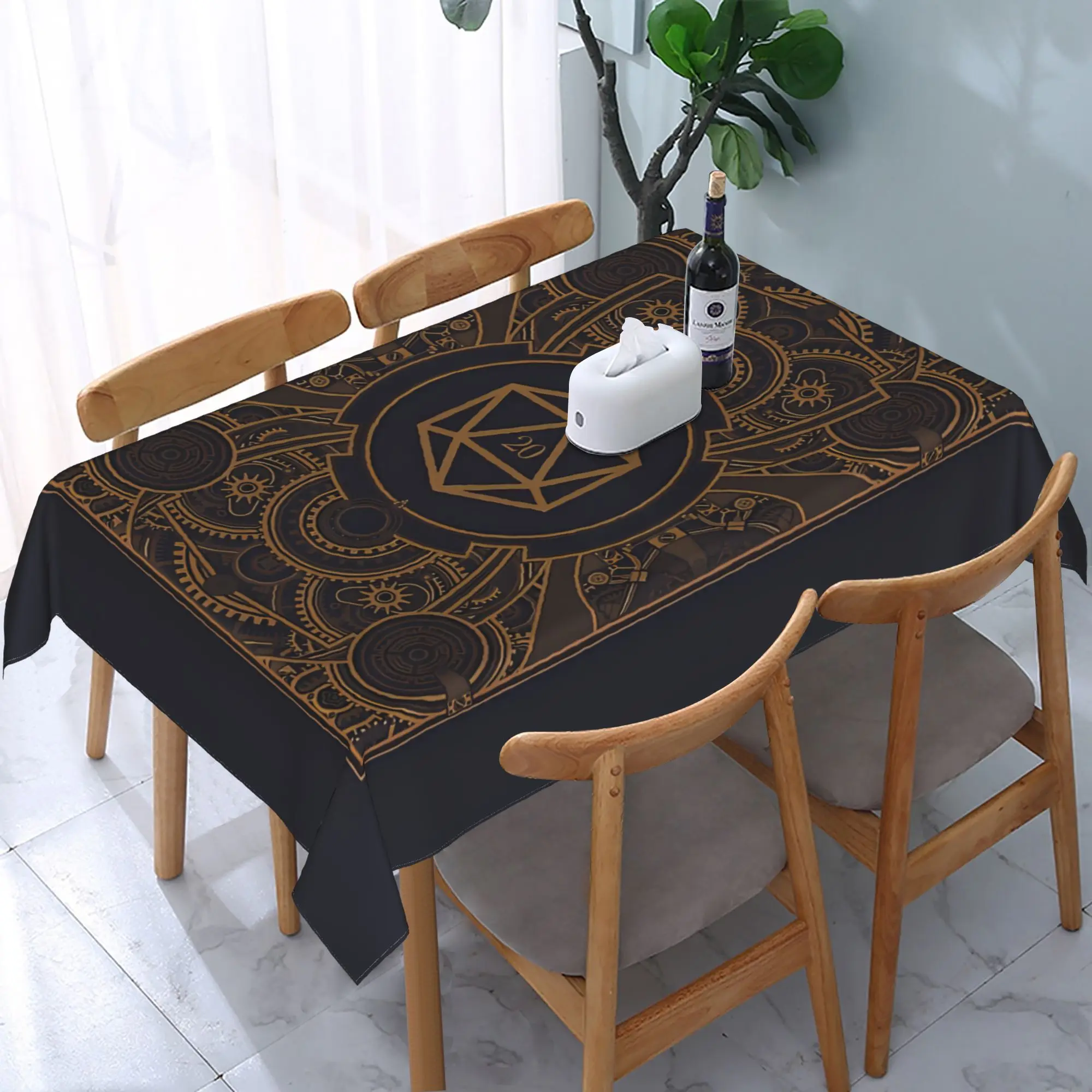 RPG Dice Mandala Tablecloth, Dark Background With Vintage Golden D20 Dice Pattern, Waterproof Table Cover for Party & Daily Use