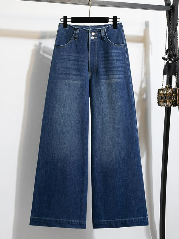 High Waist Wide Leg Jeans Women's Autumn Casual Loose Fit Double Buckle Slimming Versatile Denim Pants Casual Pure Color