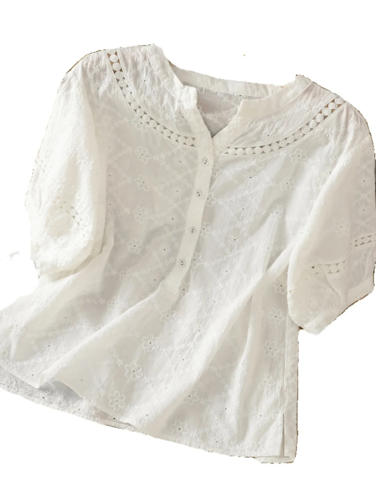 レトロ刺繍入り中空オルトスヴェイルト女性用夏用軽量ルーズスリムVネック小さめトップ通勤用スレピュアカラー