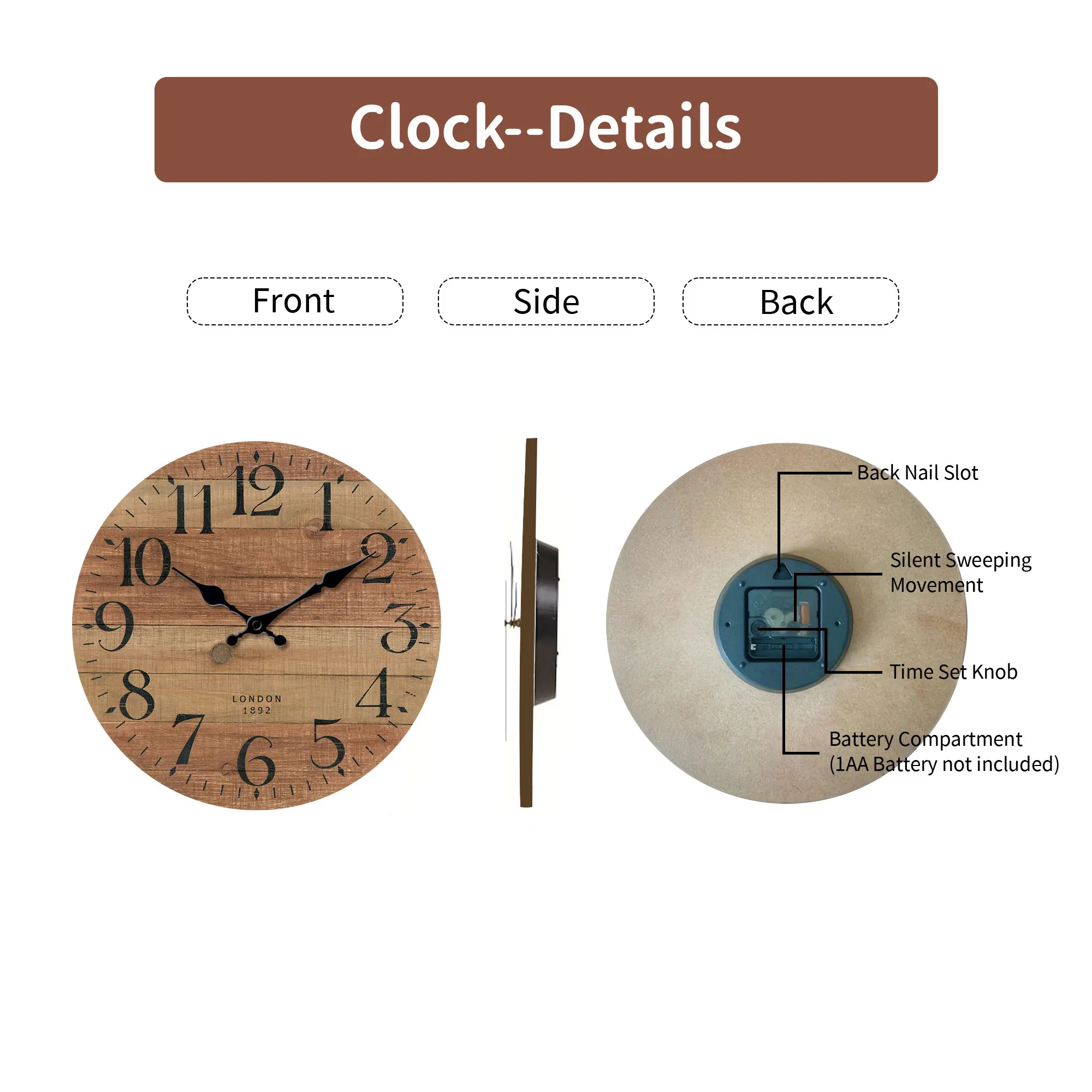 ساعة حائط بنمط خشب بني عتيق، ساعة حائط خشبية مستديرة صامتة، مناسبة لغرفة المعيشة وغرفة النوم وديكور الغرفة الكلاسيكية #6