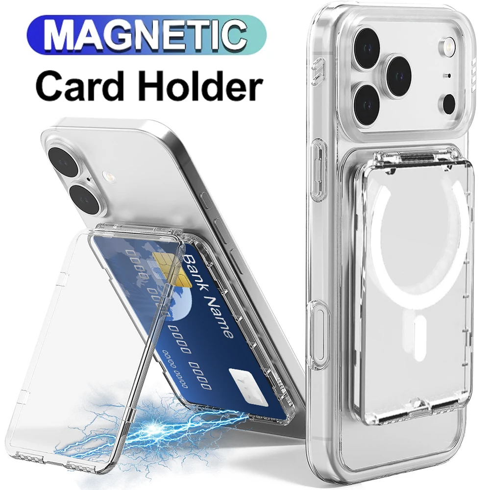 Transparent Magnetic Card Holder for IPhone 17 16 Samsung Xiaomi Case for Magsafe Clear Magnet Cover Phone Bracket Card Sleeve