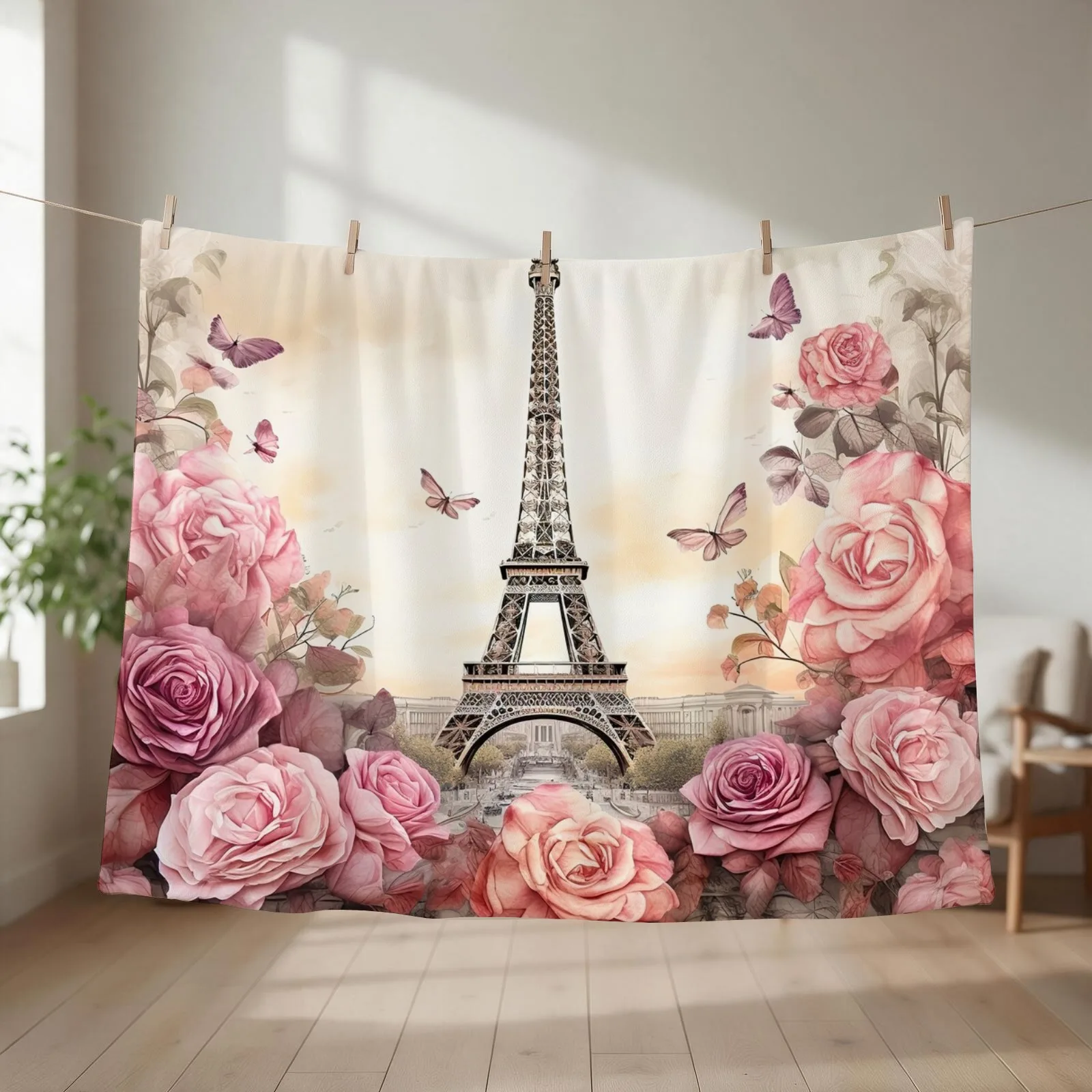 Vintage Eiffel Tower Paris with pink roses Throw Blanket Picnic Thermals For Travel Luxury Throw Plaid on the sofa Blankets