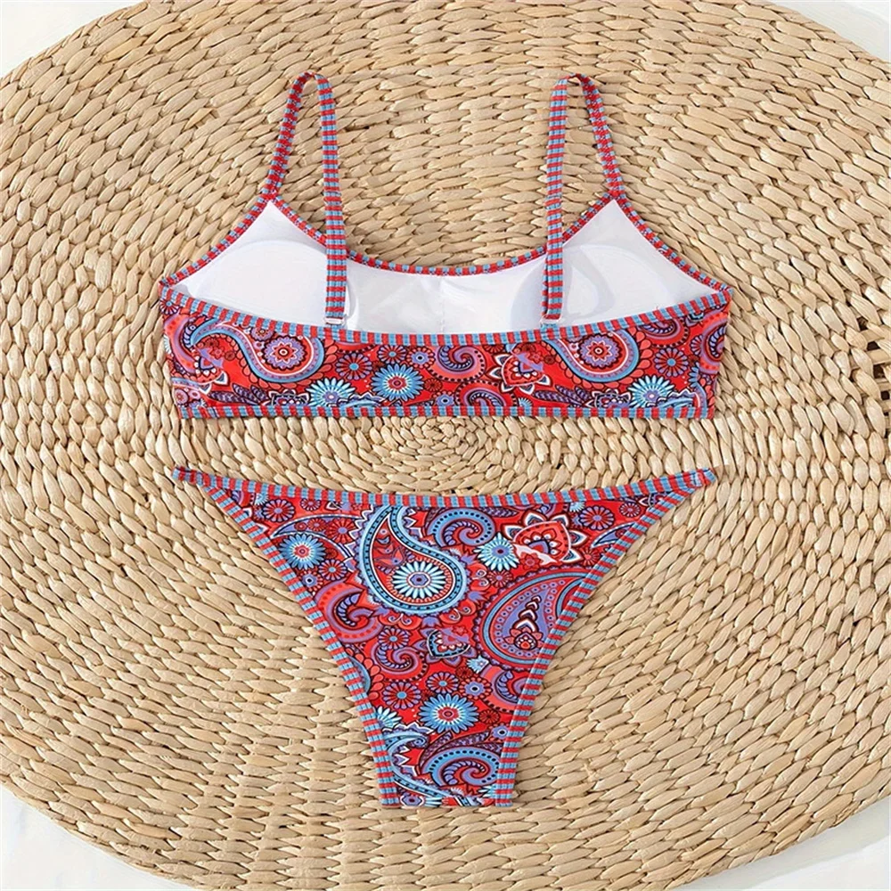 Vintage Print Bikinis Sets Striped Border Y2K Bikini Swimsuit Push Up Vacation Swimwears Women Beach Outfit Bathing Suit Biquini