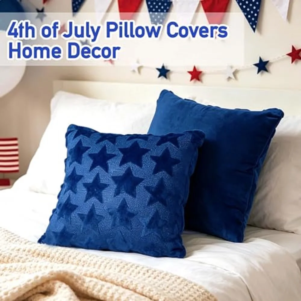 Pillow Covers 18x18 Set of 2 Blue Embroidery Star Independence Day Decorations Home of The Free Memorial Day Patriotic Throw Cus