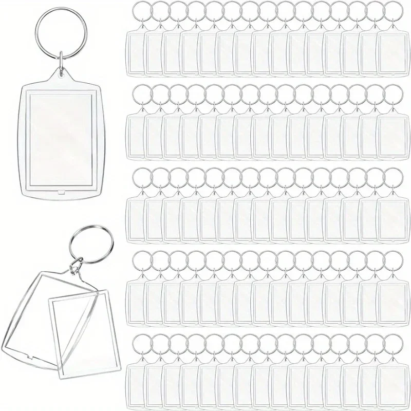50/100pcs Clear Acrylic Photo Frame Keychains DIY 2D Picture Holders Frame Keychain Kit with Silvery Ring for Backpacks Car Keys