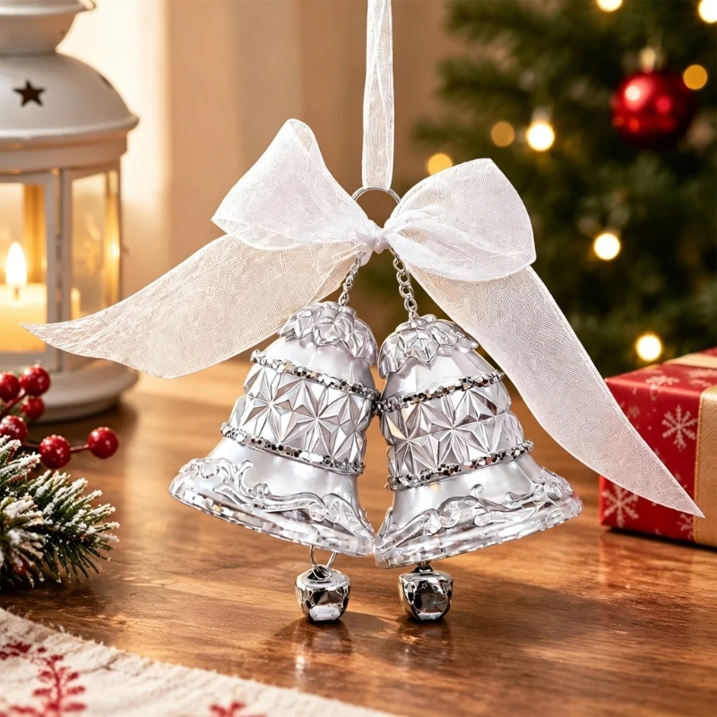 N5KC Ringing Double-Bell Ornament with Bowknot Top for Seasonal Displays