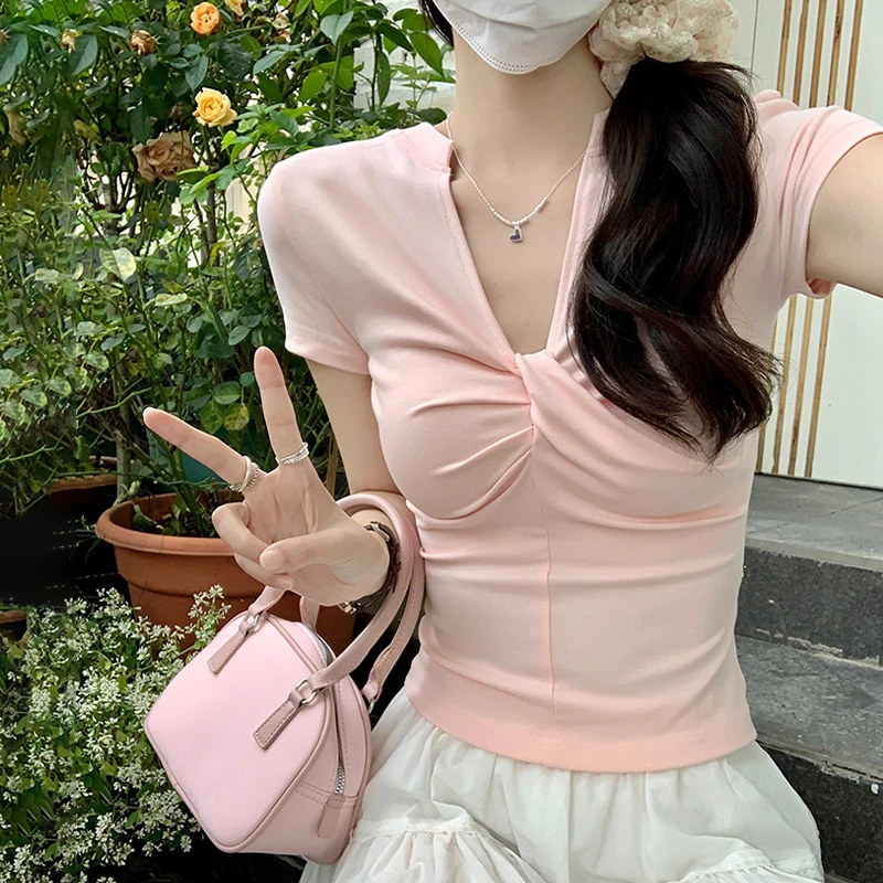

Korean Version Short Sleeved T-shirt Women's Summer New Pleated Base Shirt Top
