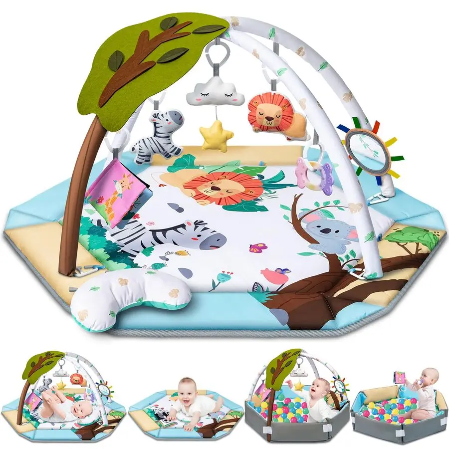 

Gym Play Mat, 8in1 Tummy Time Mat amp Ball Pit with 6 Toys, Washable Baby Activity Play Mat for Visual, Hearing, Sensory, Motor