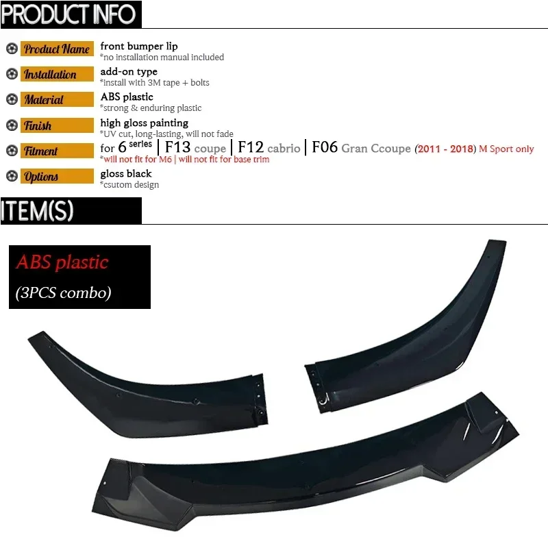 Gloss Black Front Bumper Lower Spoiler Lip for BMW 6 Series 2-Door Coupe F13 Convertible F12 Gran Coupe F06 M Sport 2011 - 2018