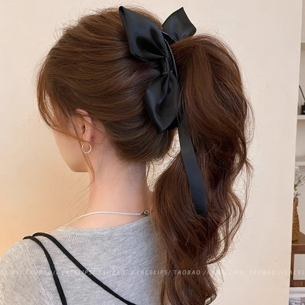 Sweet Satin Bowknot Korean Hair Claw Large Size Soft Material Solid Color Hair Clip Wide Side Banana Clip Ballet Style