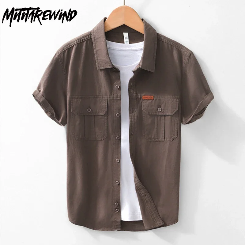 

Новая летняя рубашка-карго с коротким рукавом, мужская повседневная модная рабочая одежда, мужские топы, рубашки из чистого хлопка с двойными карманами, молодежная повседневная одежда