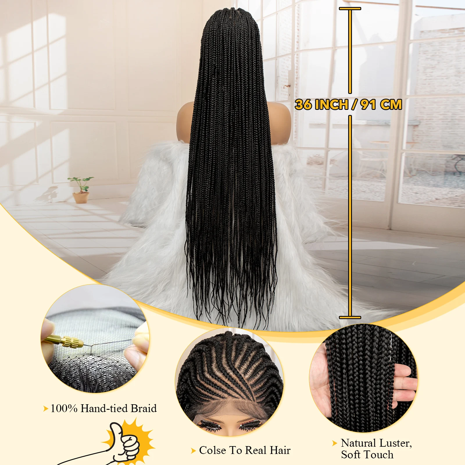 Pelucas de cabello africano, pelucas trenzadas de cornrow de encaje completo sintético, peluca con trenzas en caja sin nudos cuadradas, peluca trenzada de ganchillo para mujeres negras