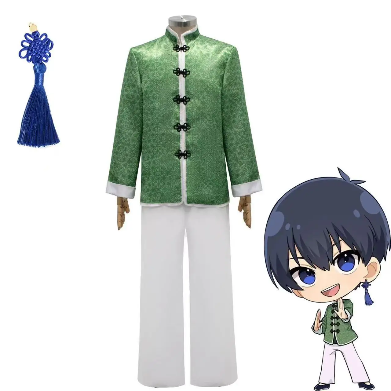 

Blue Lock cosplay costume Seishiro Nagi's green kung fu outfit, anime, Halloween Chinese style