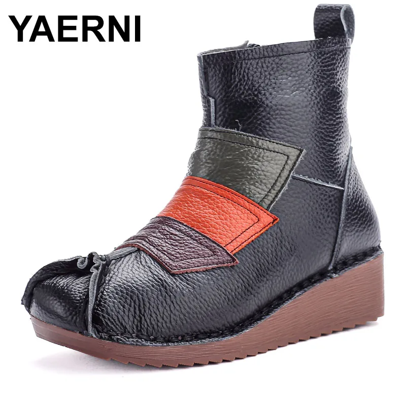 

Ethnic Women's Flat Bottomed Cowhide Sole Leather Boots Color Block Warm Comfortable Cotton Shoe Short Leisure