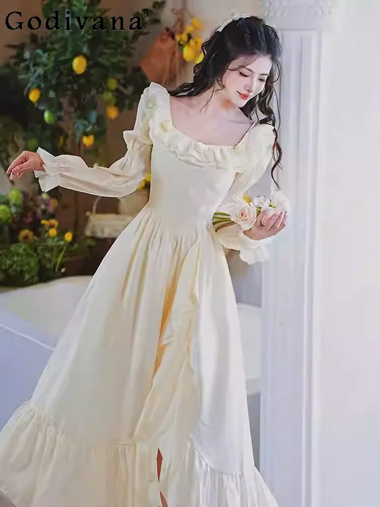 

French Court Embroidery Fashion Irregular Fairy Dresses Sweet Square Collar High Waist Versatile Long Sleeve Princess Dress