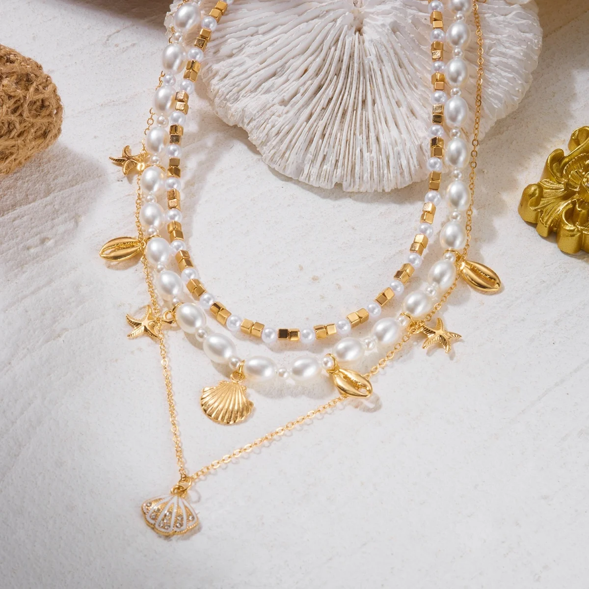 Mehrlagige Halskette mit imitierten Perlen, Herzanhänger aus weichem Ton, Muschel- und Seesternanhänger für Damen und Herren, Sommer-Muschel-Choker, Schmuckgeschenk – Detail 13
