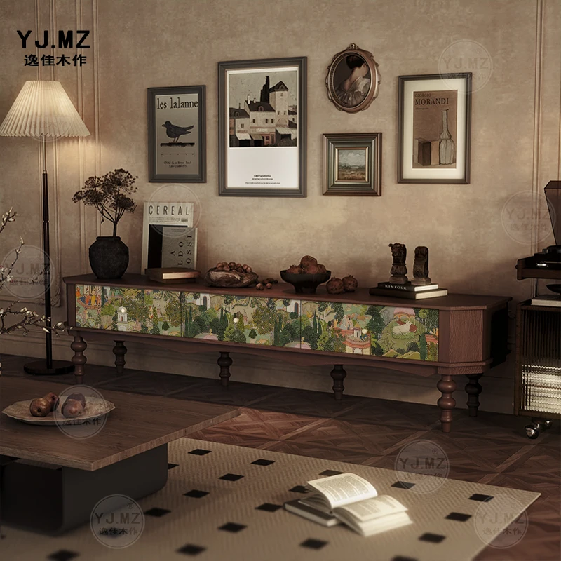 Cream style TV cabinet modern simple solid wood installation free storage cabinet living room decoration