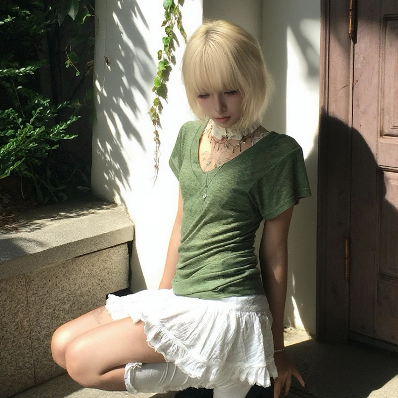 Karrram Japanese Y2k Green Knitted T-shirt Trashy 2000s Style V-neck Top Vintage Harajuku Short Sleeve Tee Shirt American Retro image 5