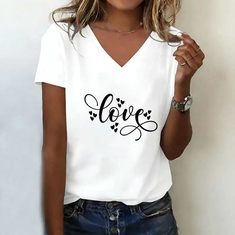T-Shirt mit V-Ausschnitt, Lässige Mode Y2k, Liebesherz-Druck, Kurzarm-T-Shirt für Damen, V-Ausschnitt, Sommer Frühling
