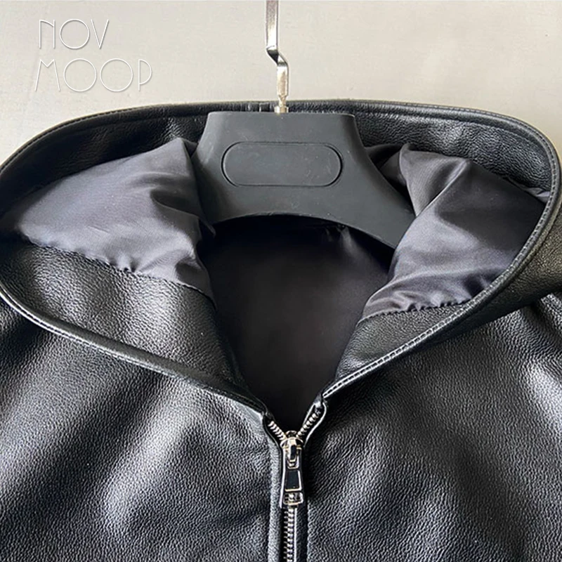 Novmoop Cowhide ผู้ชายเสื้อลำลองทุกวันของแท้หนัง Hooded Coat Christmas ของขวัญ LT3565