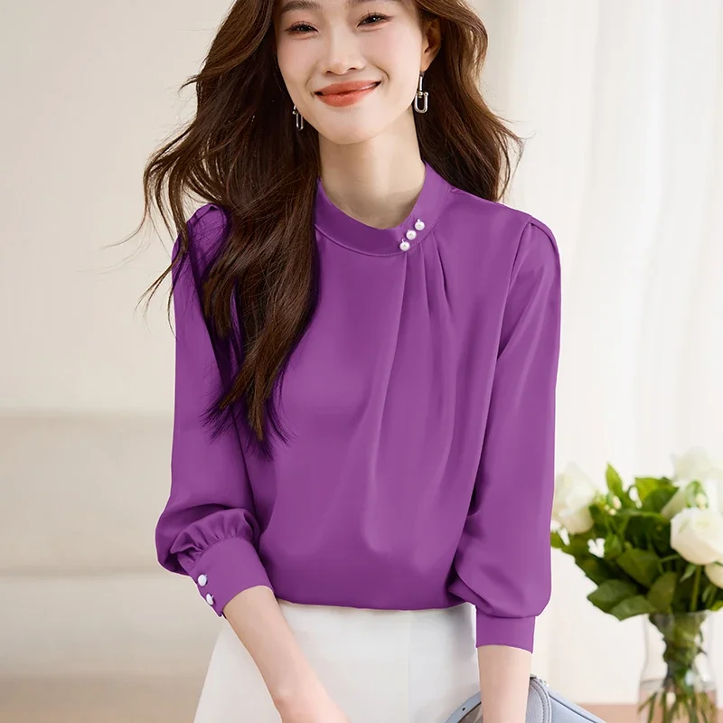 Purple Shirt Women 2024 New Spring Elegant Solid Women\'s Clothing Basic Ladies Tops Blouse Slim Embroidered Flares Womens Tops