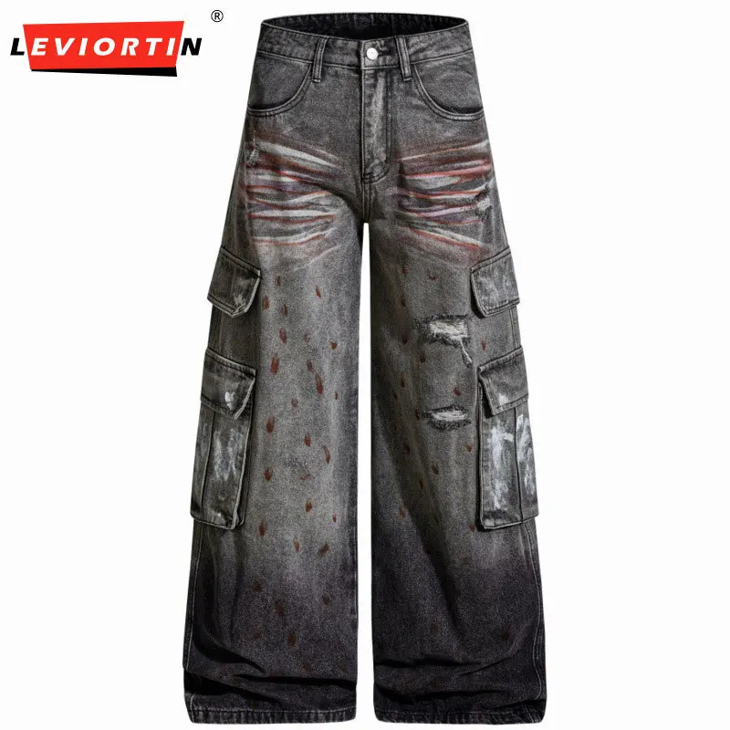 

Мужские нишевые рваные широкие брюки с брызгами чернил, модные грязные и потертые свободные повседневные джинсовые брюки для рабочей одежды