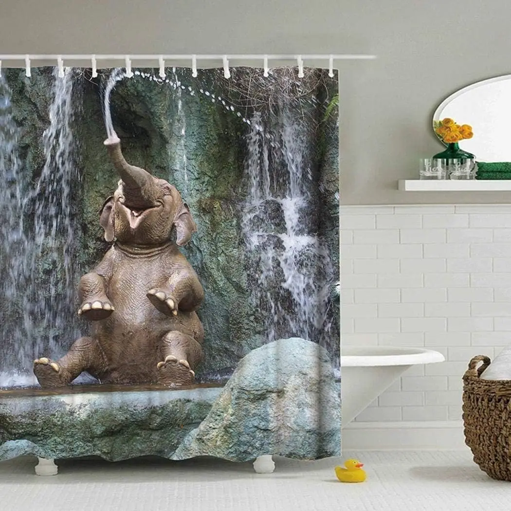 Cute Baby Elephant Shower Curtain Waterfall Scene Design Bathroom Decor Jungle Theme Waterproof Bath Curtain