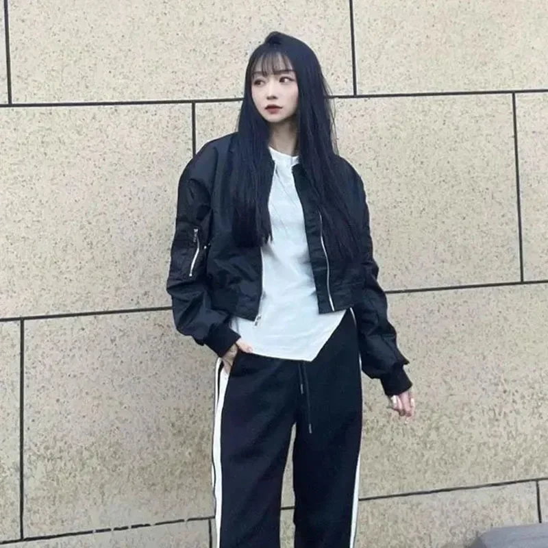 Vintage Cropped Bomber Jacket Women Oversized Streetwear Coats Korean Fashion Casual Zipper O Neck Track Short Black Outwear