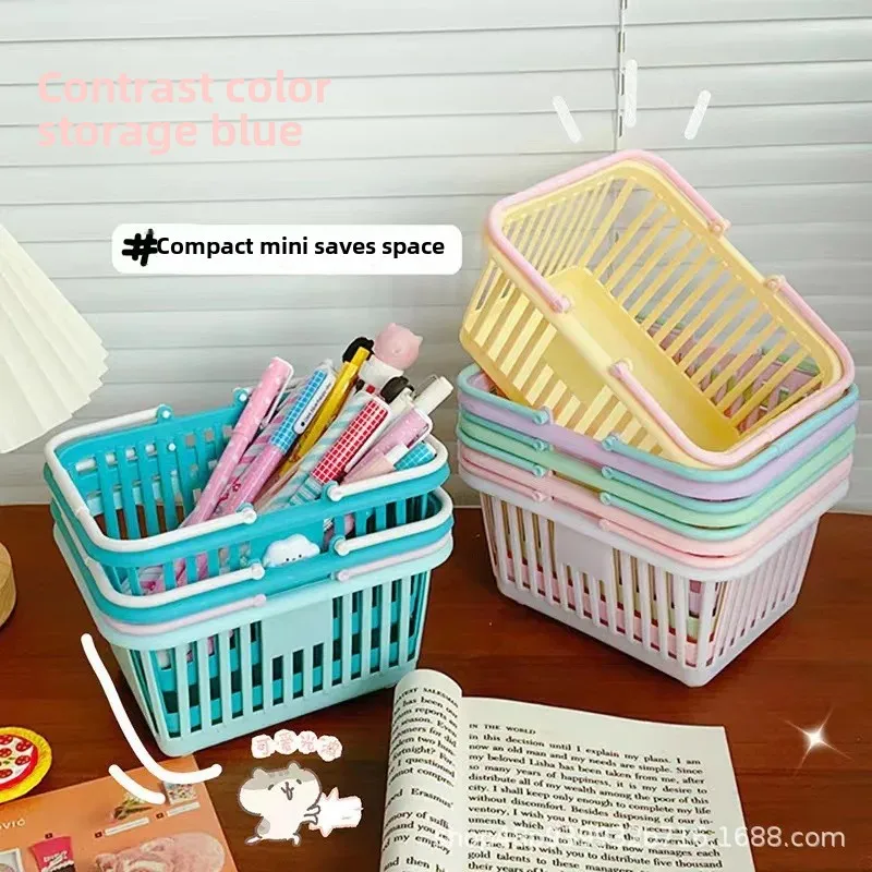 Cesta de almacenamiento de escritorio colorida Macaron, bonito organizador de mano para estudiantes, dormitorio, artículos diversos de papelería